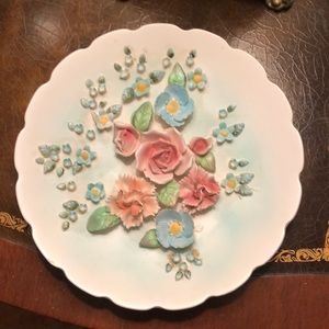 Vintage Lefton Porcelain Bisque Hand painted floral 8.5” hanging/display plate.